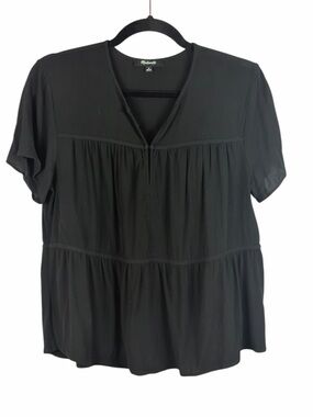 Madewell Black V-Neck Tiered Blouse Medium Short Sleeve Viscose Top